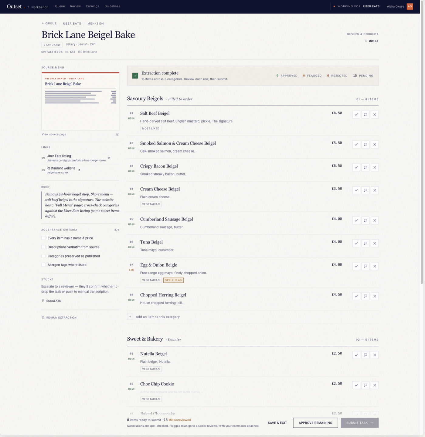 The Uber Eats menu-QA SynthEnv: source menu, extracted rows to approve/flag/reject, acceptance criteria and tacit notes